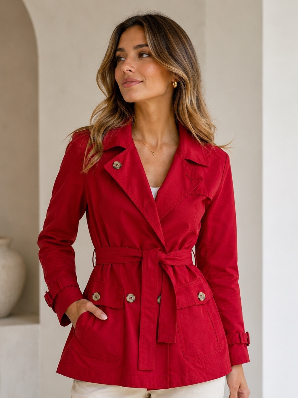 Bimba y Lola Red Trench Coat Belted Jacket Size M Classic Lightweight
